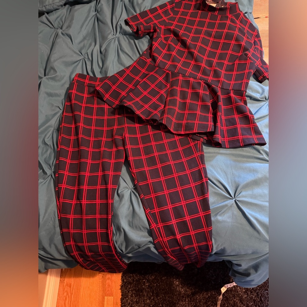 Plaid Red and Navy Blue Women's Pants